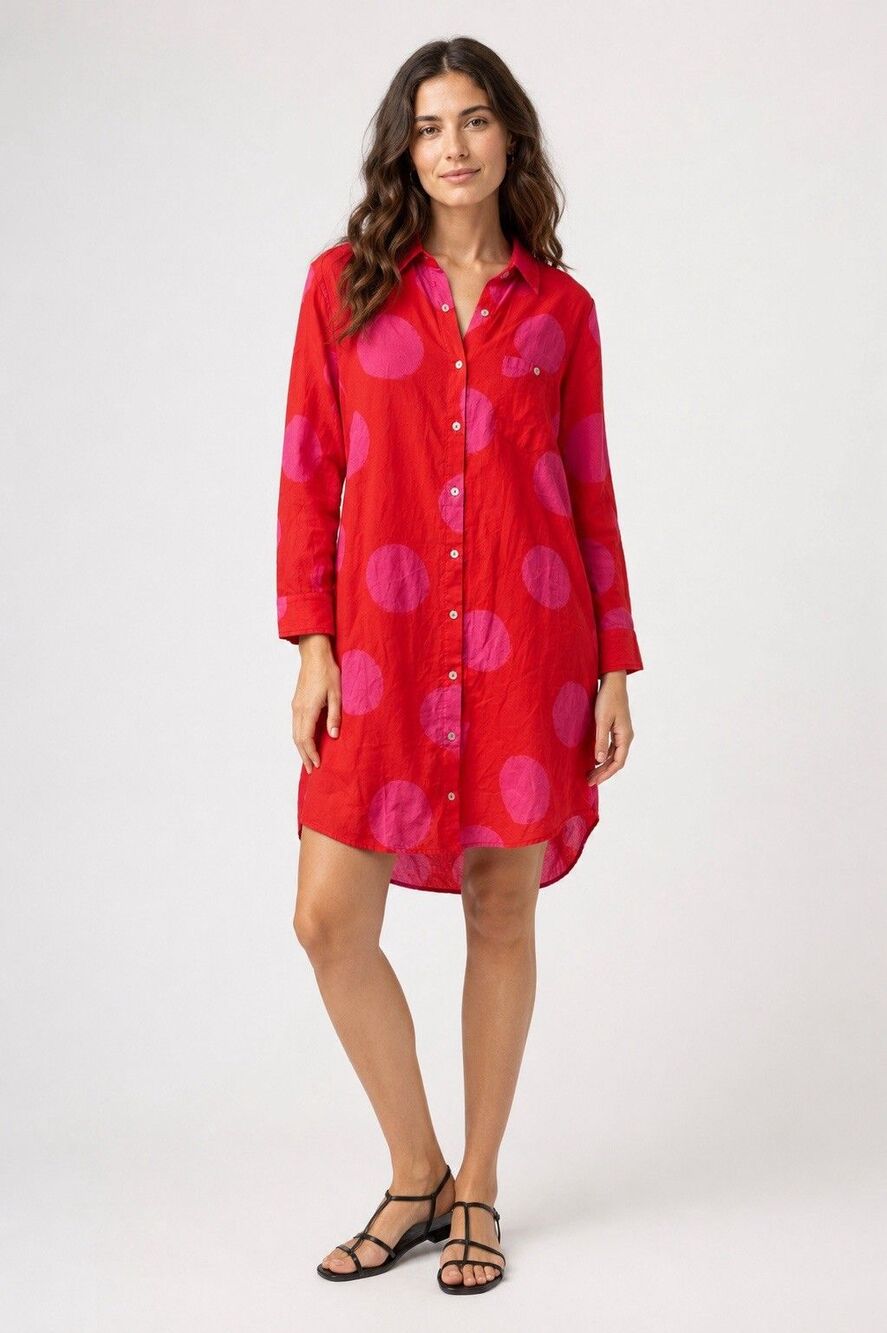 NWT Gudrun Sjödén Button Down Shirt Dress vibrant red & pink dot Lagenlook Small